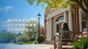 明亮的公共圖書館裡，陽光從高窗灑進書架之間的走道，一隻手從書架上取出一張淡藍色的摺頁傳單。