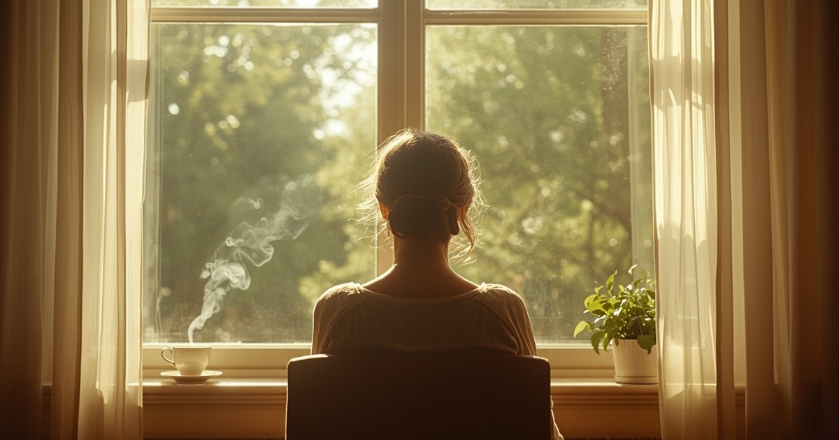 明亮的早晨，一位女士的背影坐在灑滿陽光的窗前，窗台上一杯冒著熱氣的茶和一盆綠色小植物，窗外是綠樹。