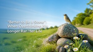 Smooth stones along a quiet roadside in soft morning light, a small bird on one of them.