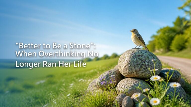 Smooth stones along a quiet roadside in soft morning light, a small bird on one of them.