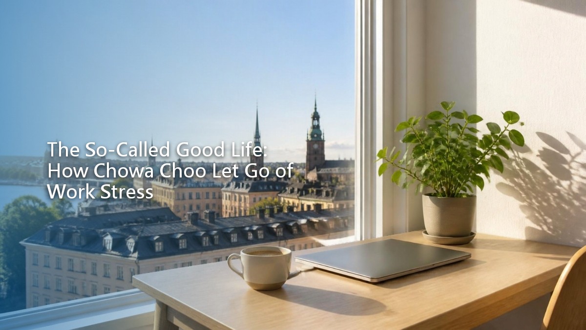 An empty office desk at dusk with the chair pushed in and the lamp switched off, a window onto a calm Scandinavian evening.