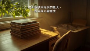 夏天午後的街邊，濃密的樹影落在一面素色矮牆和人行道磚上，光線溫暖，街上沒有人。