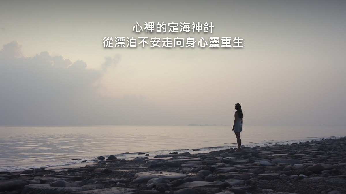 晨光薄霧裡，平靜如鏡的水面上停著一艘小木船，遠處是連綿的山。