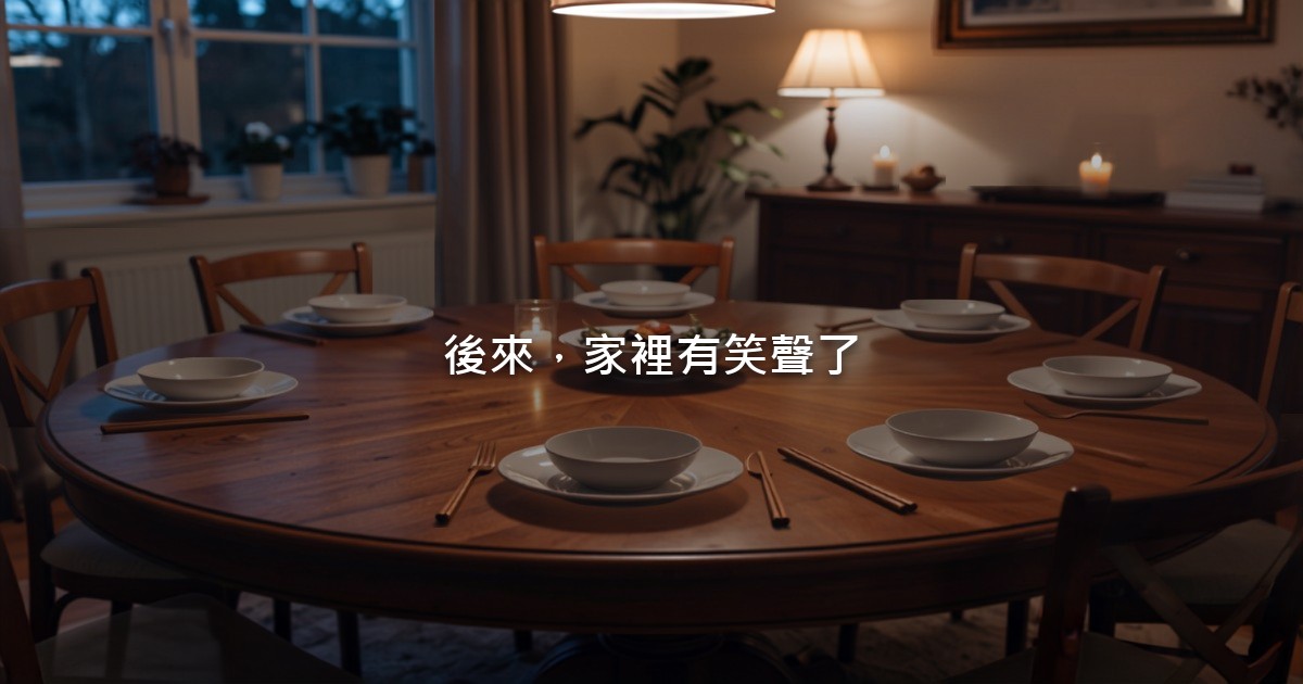 傍晚的餐廳,一張大圓桌擺好了碗筷,燈光溫暖,室內沒有人物。