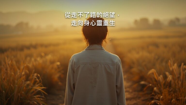 一個人背對鏡頭，站在清晨草原的一條小徑上，面向前方升起的光。