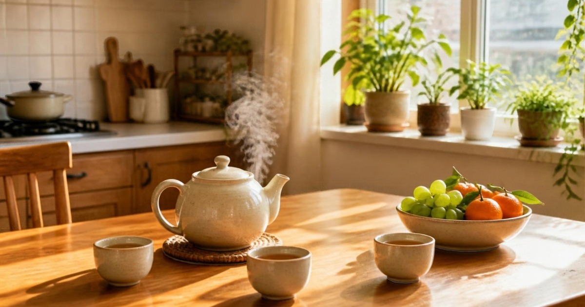 清晨的居家廚房,木桌上一壺冒著熱氣的茶和三個茶杯,一盤水果,窗台上的綠色植物映著陽光。