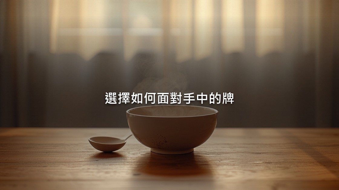 晨光透過窗簾灑在木桌上，一只碗和一支湯匙靜靜放著，畫面裡沒有人。