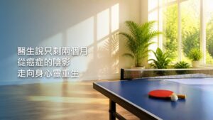陽光從大窗戶灑進明亮的房間，藍色桌球桌上放著紅色球拍和白色乒乓球，窗邊擺著綠色盆栽。