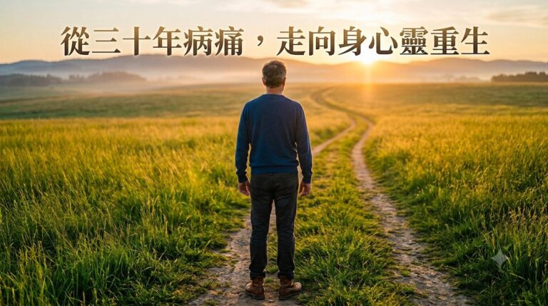 一個人背對鏡頭，安靜地站在清晨的金色草原上，面向遠方升起的光。