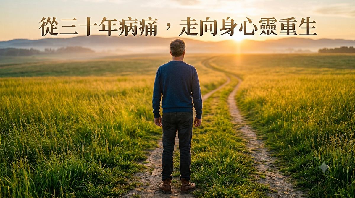一個人背對鏡頭,安靜地站在清晨的金色草原上,面向遠方升起的光。