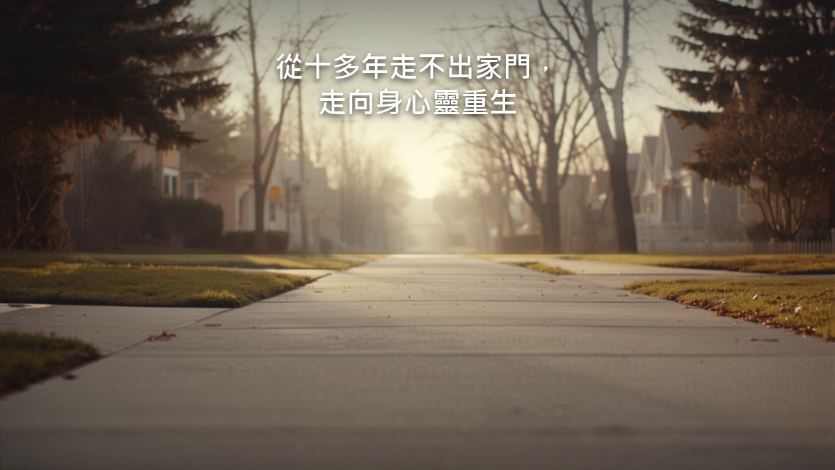 清晨的社區街道,一盞路燈還亮著,一條人行道向前延伸,沒有人物。