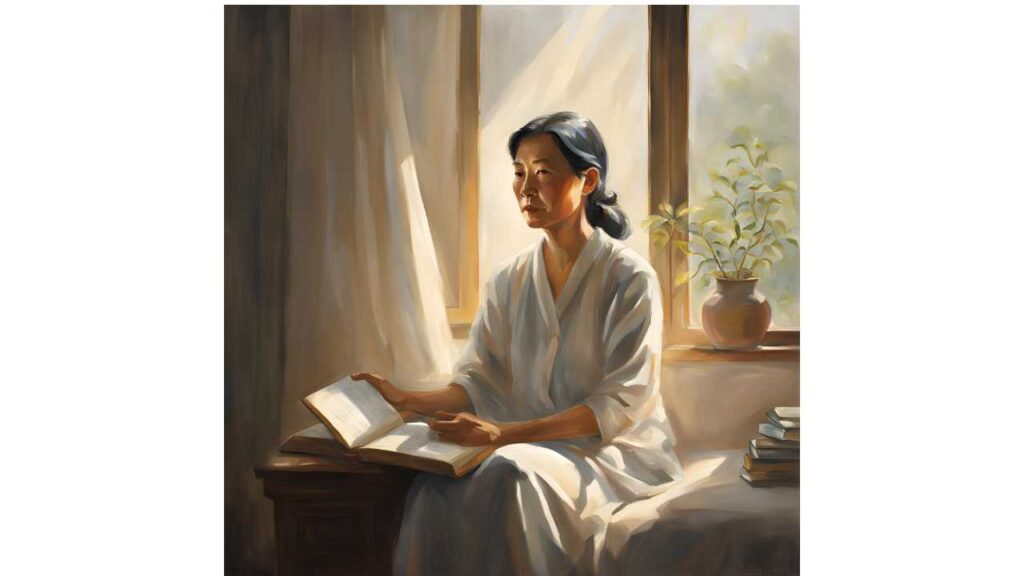 「希望之光」: 一個穿著簡單的中年女性坐在窗邊,陽光從窗戶灑進來,照亮了她手中的《轉法輪》書籍。她的表情平和而堅定,背景是簡樸的臥室,暗示了她曾經的病榻生活。 