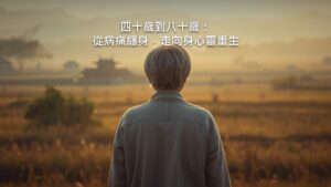 一個人背對鏡頭，站在清晨原野的小徑上，面向前方升起的光。