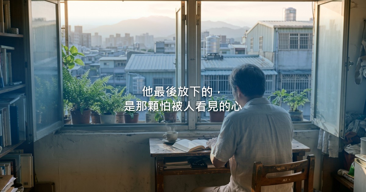 一個男人的背影坐在清晨的窗邊小桌前，桌上一杯熱茶和一本攤開的書，窗台上一排綠色盆栽，窗外是城市屋頂和遠山。