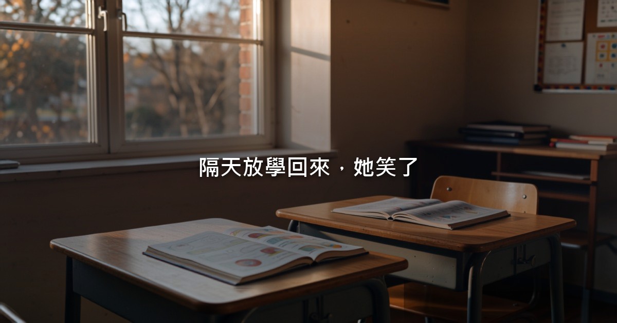 傍晚的教室窗邊，兩張並排的小學生課桌，桌上放著攤開的作業本，室內沒有人物。