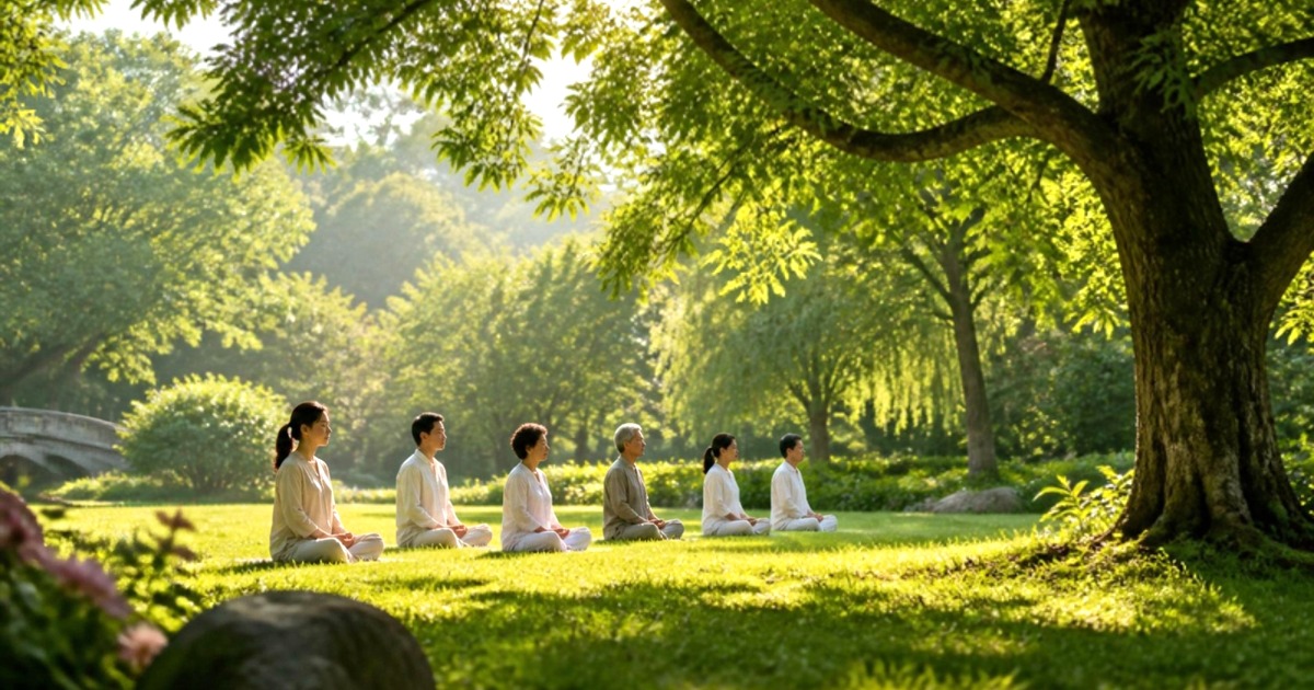 晴朗的早晨，陽光穿過公園的大樹，幾位不同年紀的人在草地上排成一列，雙盤靜坐，雙手在小腹前輕輕相疊。