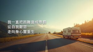 晨光灑在山間公路上，一輛老房車停在路邊，遠方是連綿的群山與藍天。