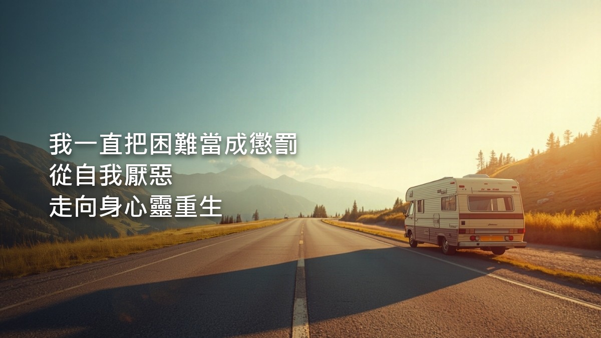 晨光灑在山間公路上，一輛老房車停在路邊，遠方是連綿的群山與藍天。