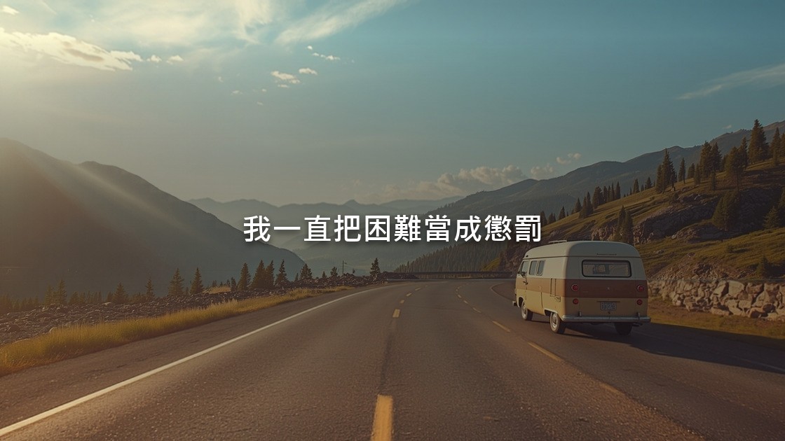 晨光灑在山間公路上，一輛老房車停在路邊，遠方是連綿的群山與藍天。