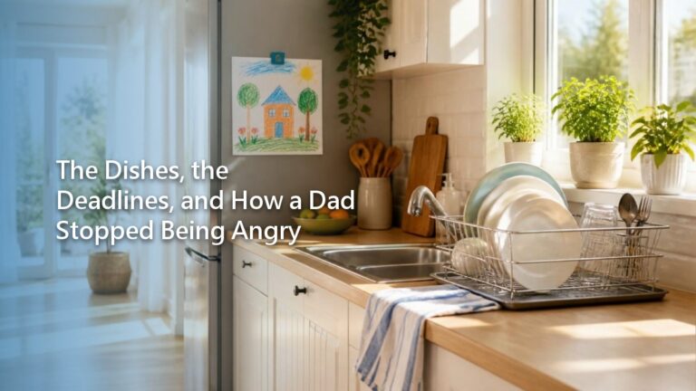 A kitchen sink at evening with a stack of clean dishes drying, a child's drawing pinned to the fridge nearby.