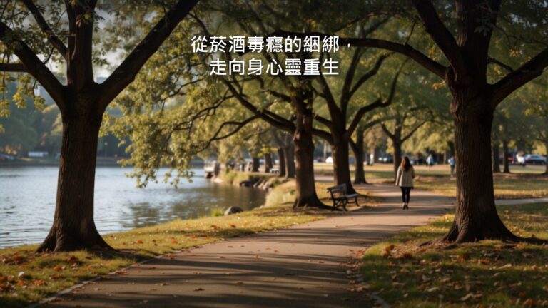 清晨的公園小徑，兩旁是高大的樹，光從遠處照過來，沒有人物。