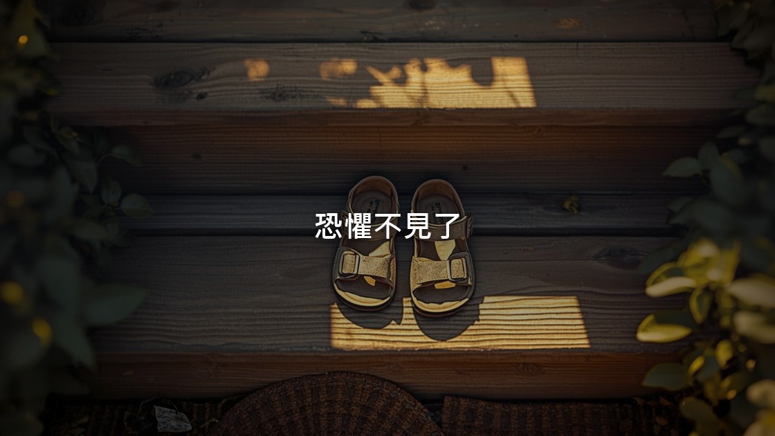 晨光照在木頭門階上,一雙小小的兒童涼鞋靜靜放著,畫面裡沒有人。