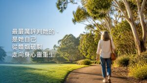 晨光中，一扇敞開的木頭花園門，石板小路穿過盛開的花叢，通往門已打開、透著溫暖燈光的屋子。