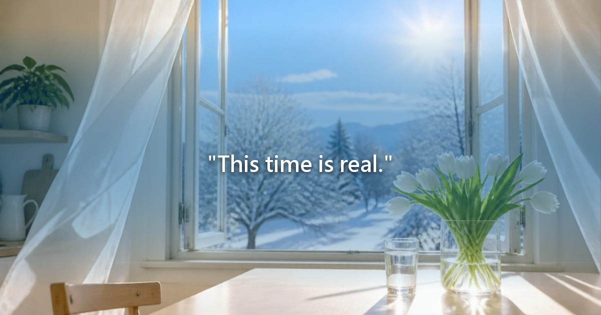 A kitchen window open to a bright snowy morning, curtains lifting, a glass of water and white tulips on the table.