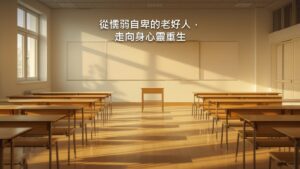 一間安靜的教室，清晨的陽光照在空無一人的課桌椅上，黑板乾淨整齊。