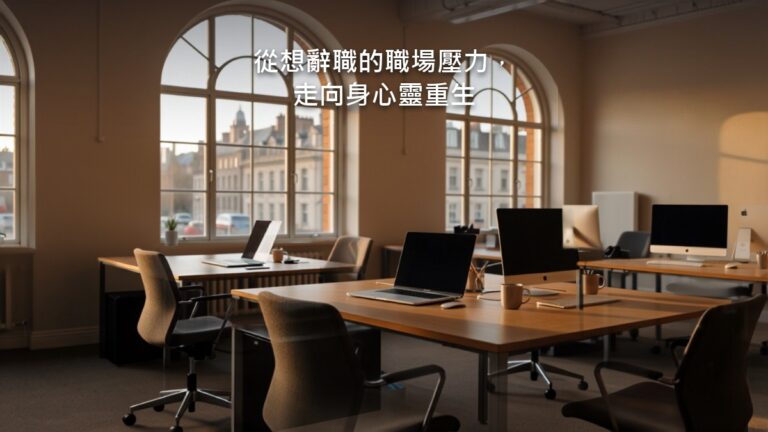 清晨的辦公室窗邊，桌上放著一杯還冒著熱氣的茶，窗外是城市的天光，室內沒有人物。