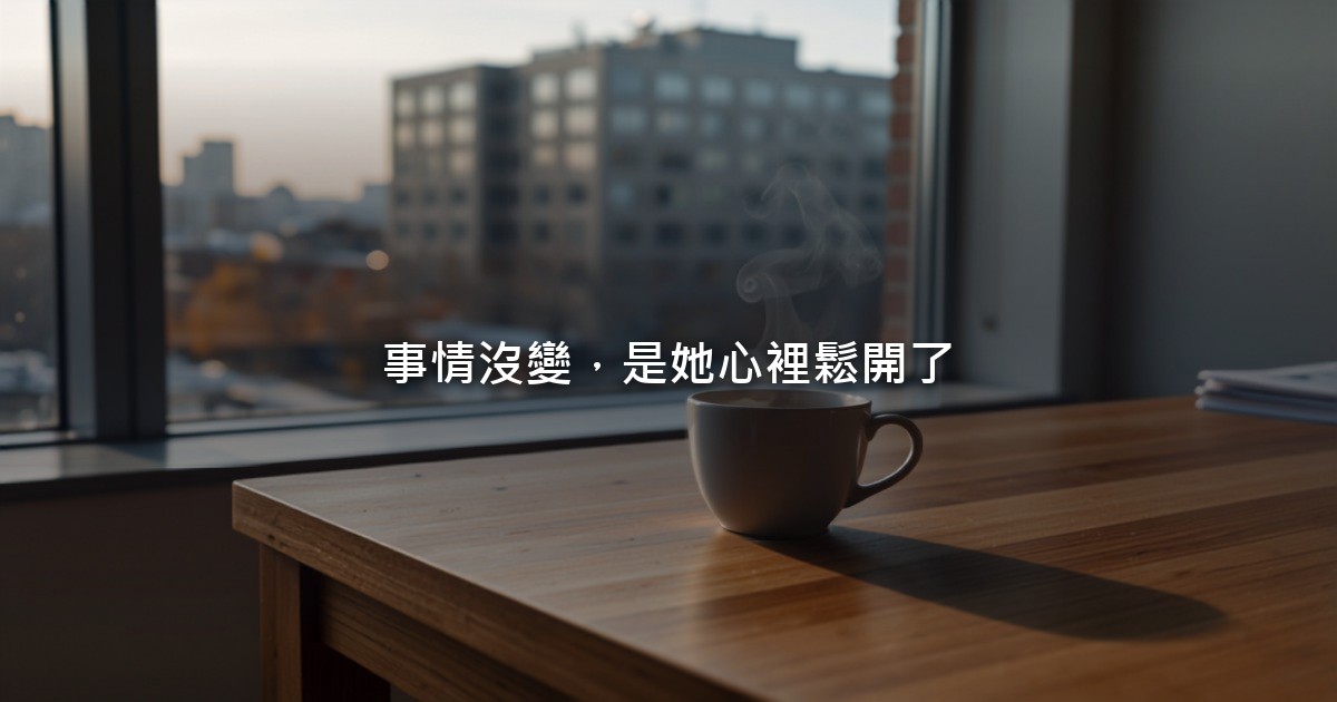 清晨的辦公室窗邊,桌上放著一杯還冒著熱氣的茶,窗外是城市的天光,室內沒有人物。