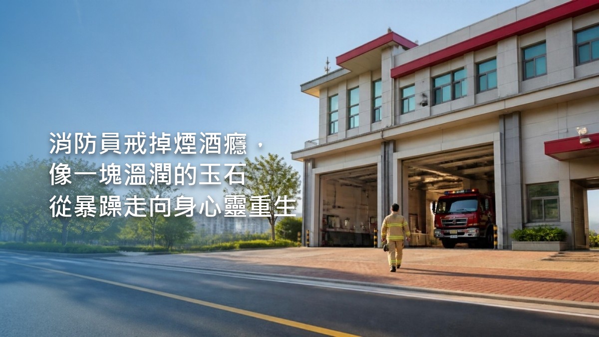 晨光照進消防站的裝備室,消防衣和頭盔整齊地掛成一排,窗台上有一盆綠色植物。