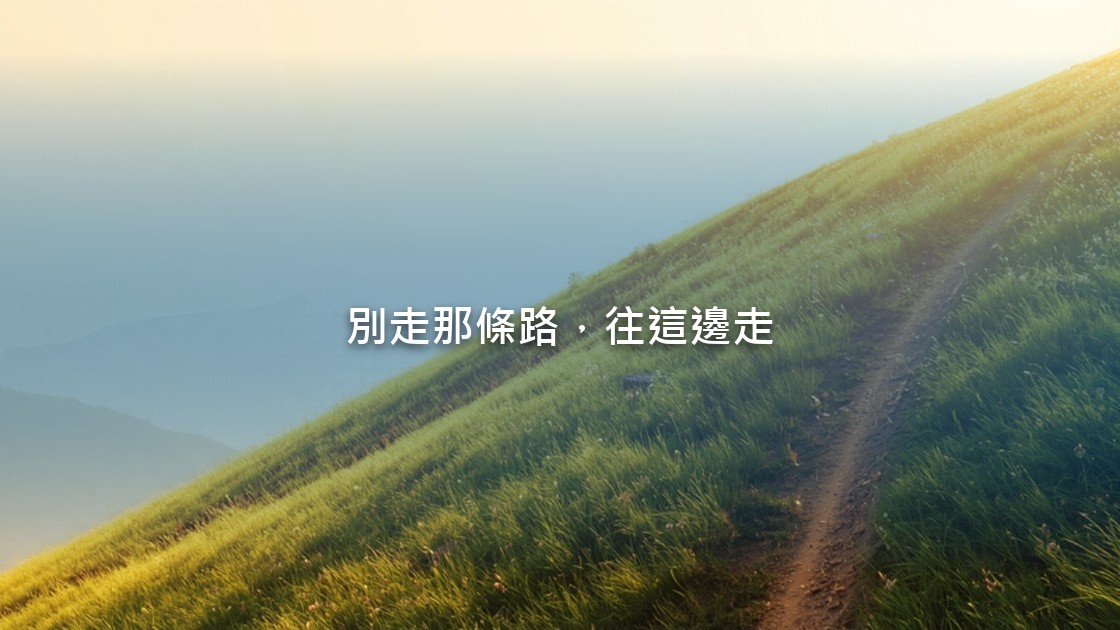 清晨的陽光灑在山間小徑上，小徑向前方明亮的山坡延伸，兩旁是柔軟的綠草與野花。