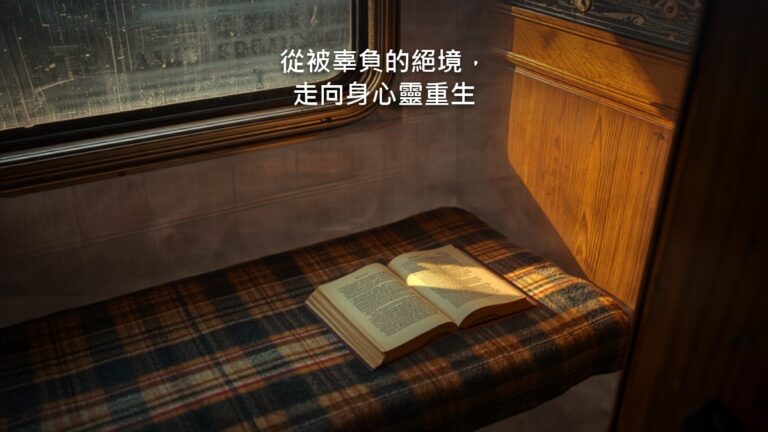 一列火車車廂內，靠窗的臥鋪座位上放著一本翻開的書，午後陽光灑落，沒有人在畫面裡。